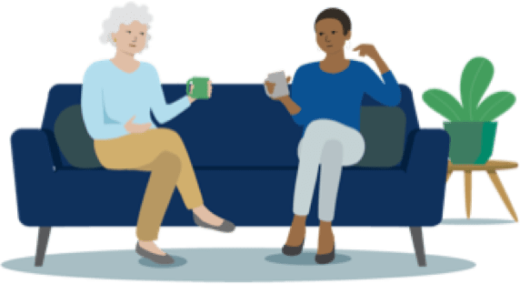 An illustration of two people sitting on a couch having a conversation.