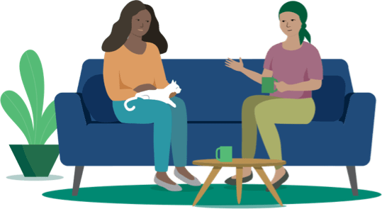 An illustration of two people sitting on a couch having a conversation.