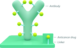 A diagram representing the TRODELVY molecule. A green Y-shaped illustration represents the antibody. Yellow pins attached to the Y-shape represent the linkers that carry anticancer medicine.