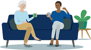 An illustration of two people sitting on a couch having a conversation.