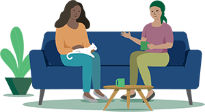 An illustration of two people sitting on a couch having a conversation.