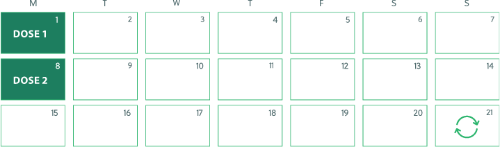 A calendar marks the first dose of TRODELVY on day 1 and day 8. On day 21, a cycle icon marks the beginning of the next treatment cycle.