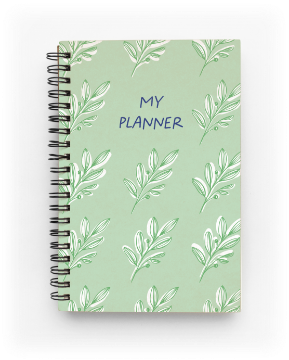 A spiral-bound planner with a light green cover.