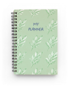 A spiral bound planner with a light green cover.