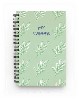 A spiral bound planner with a light green cover.